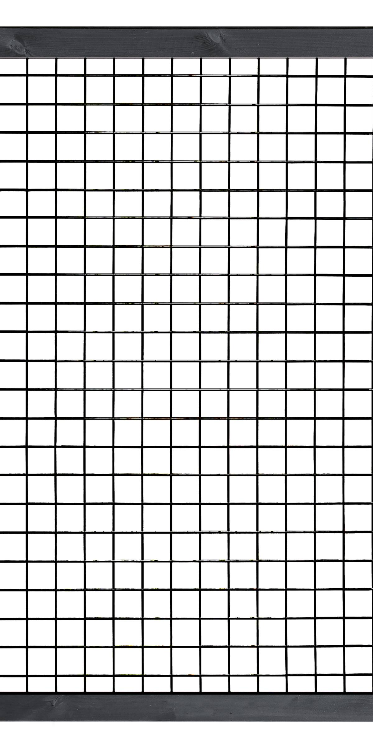 Gaaselement, zwart gespoten vuurverzinkt, maaswijdte 7,5 x 7,5 cm, met robuust kader, zwart gespoten grenen, 4,4 x 6,8 cm, H180 x B180 cm