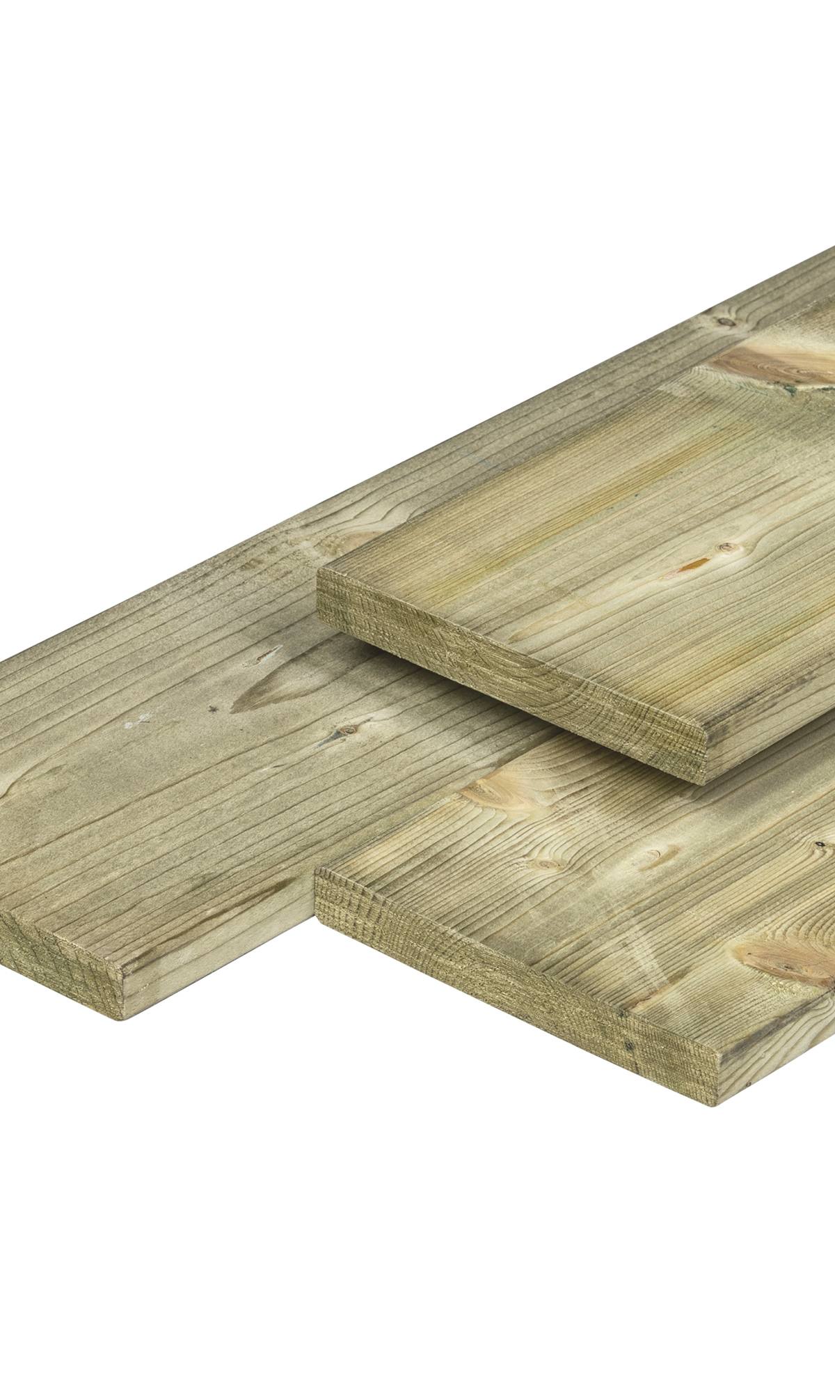 Grenen plank 1,5 x 14,0 x 180 cm, vers, groen geïmpregneerd, geschaafd, 4 ronde hoeken