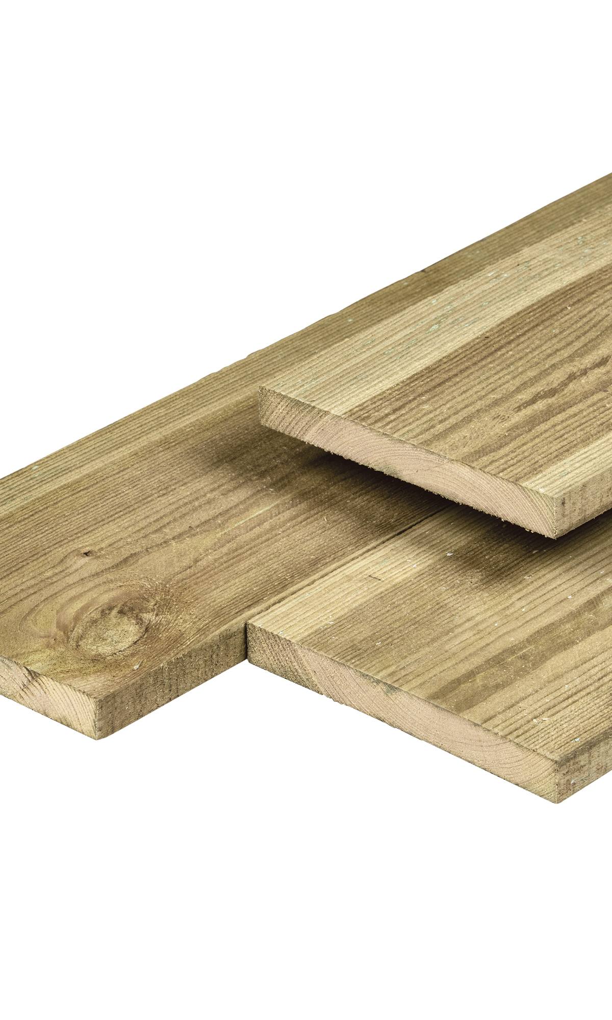 Grenen plank 1,6 x 14,0 x 180 cm, vers, groen geïmpregneerd, geschaafd, 4 ronde hoeken