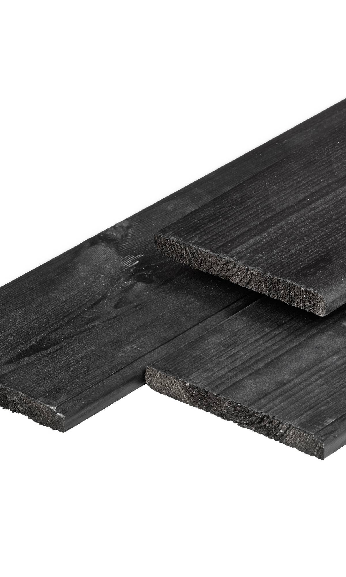 Grenen plank 1,6 x 14,0 x 400 cm, vers, zwart gespoten, geschaafd, 4 ronde hoeken