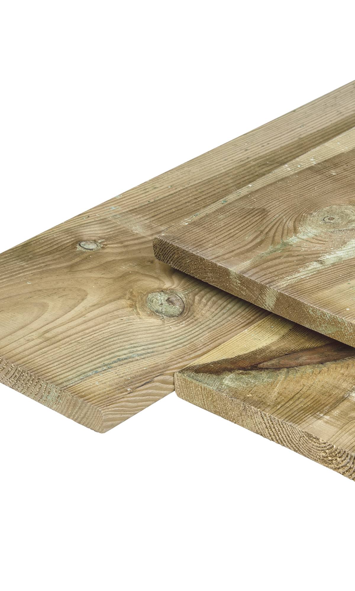 Grenen plank 2,0 x 20,0 x 400 cm, vers, groen geïmpregneerd, geschaafd, 4 ronde hoeken
