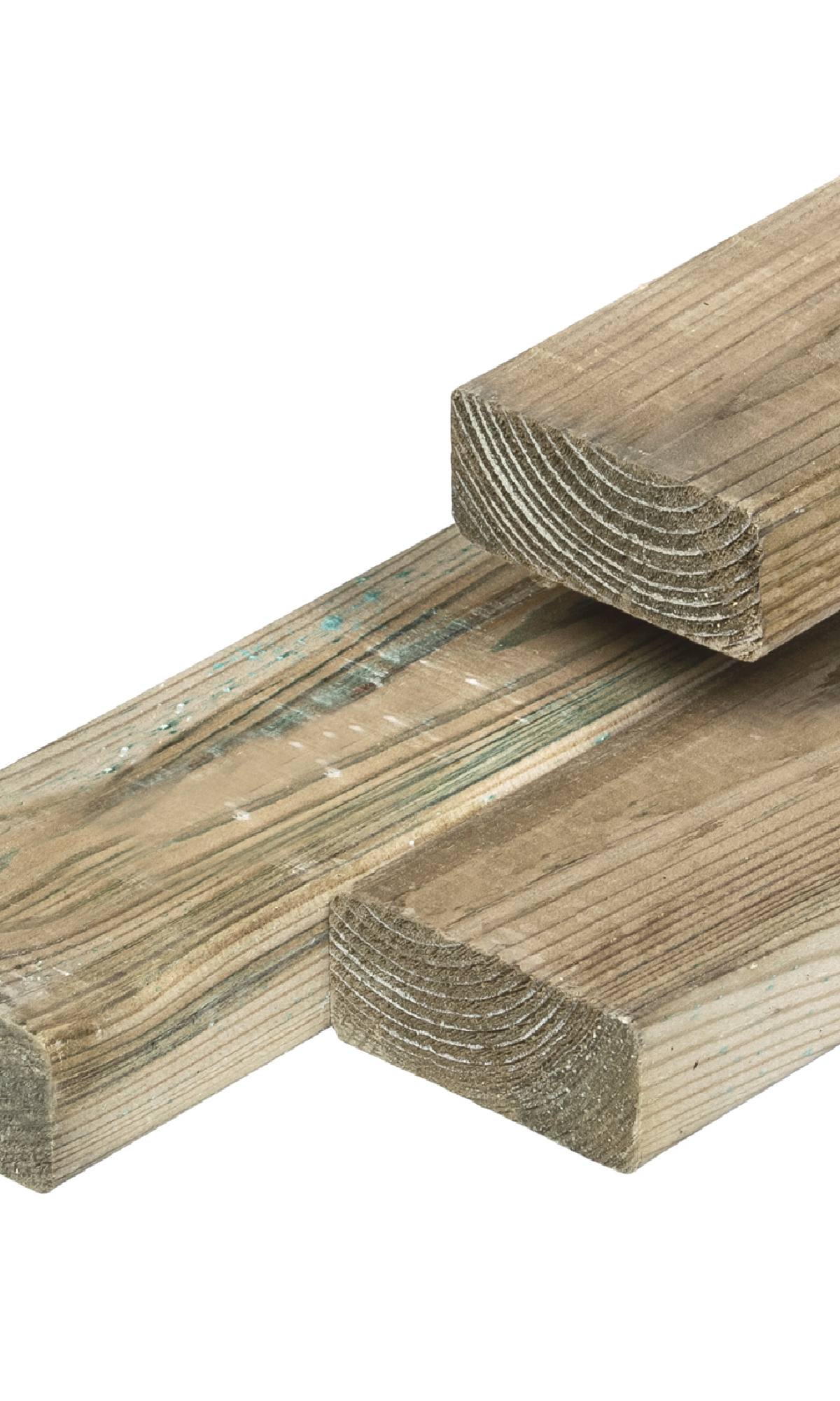 Grenen regel 4,4 x 9,5 x 400 cm, vers, groen geïmpregneerd, geschaafd, 4 ronde hoeken