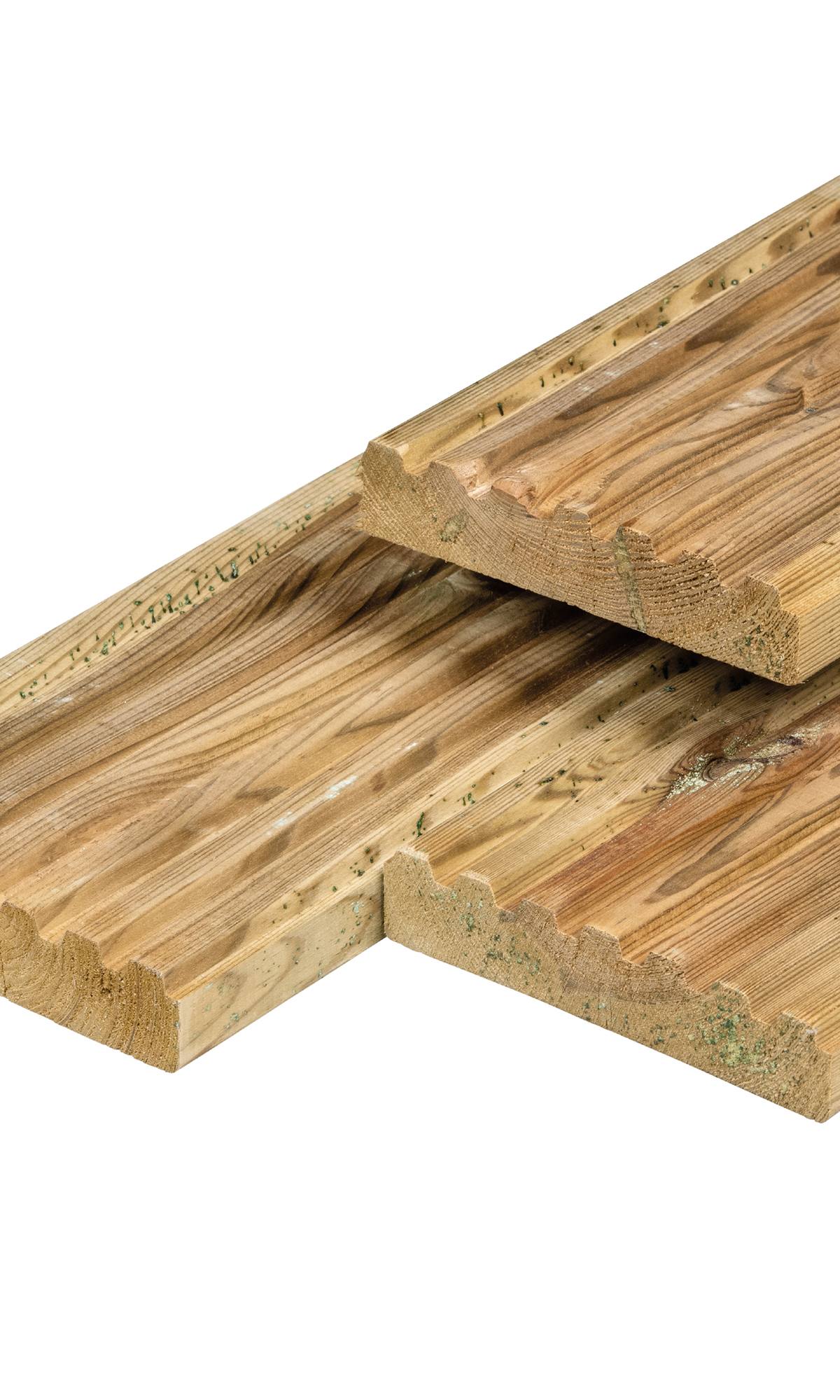 Grenen vlonderplank 2,8 x 14,0 x 240 cm, vers, groen geïmpregneerd, geschaafd, 1 zijde 8 groeven