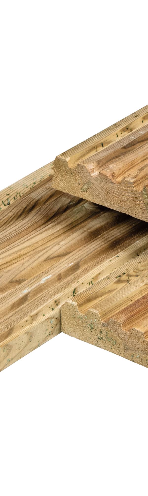 Grenen vlonderplank 2,8 x 14,0 x 240 cm, vers, groen geïmpregneerd, geschaafd, 1 zijde 8 groeven