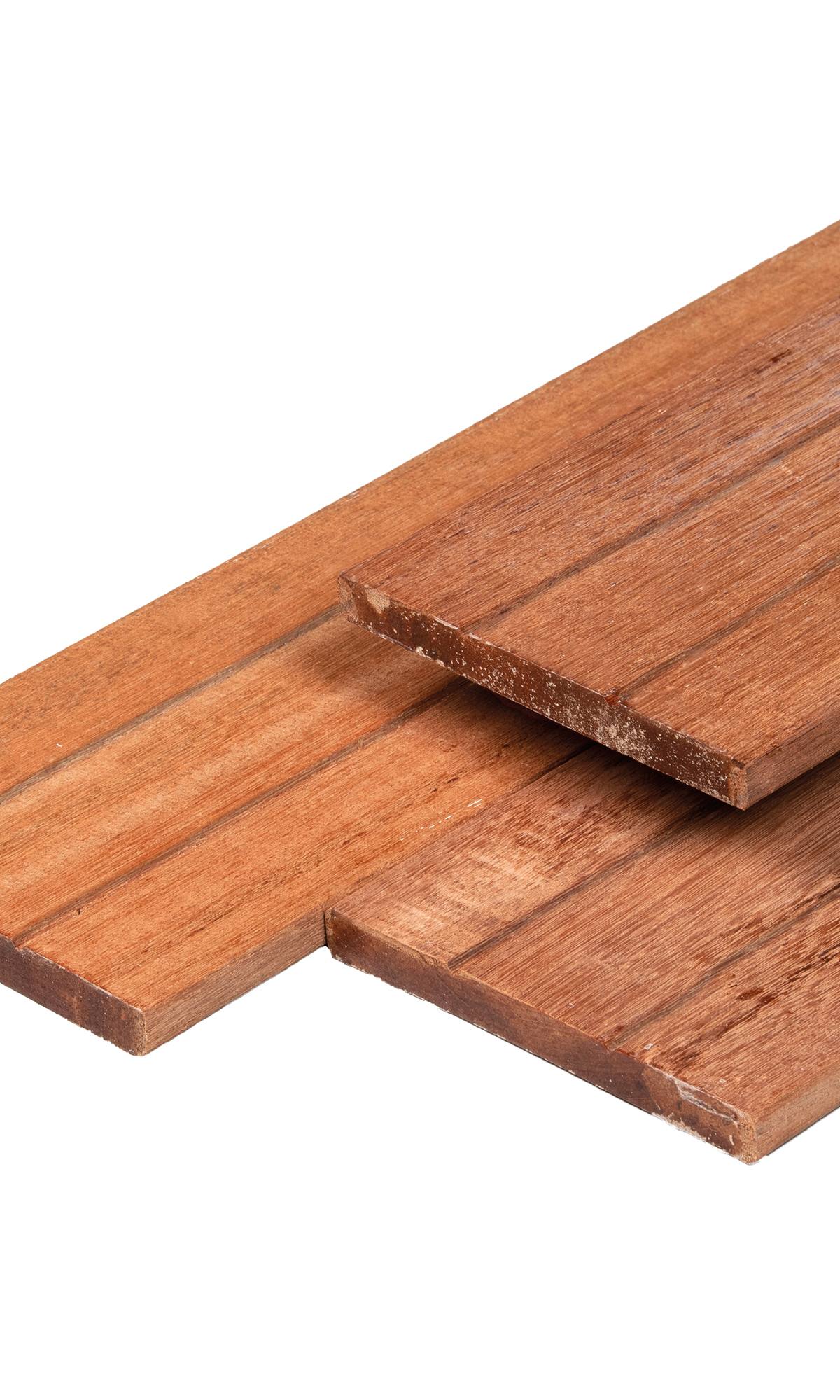 Keruing hardhout plank 1,5 x 14,0 x 215 cm kunstmatig gedroogd, geschaafd, 1 zijde 2 V-groeven, 4 ronde hoeken