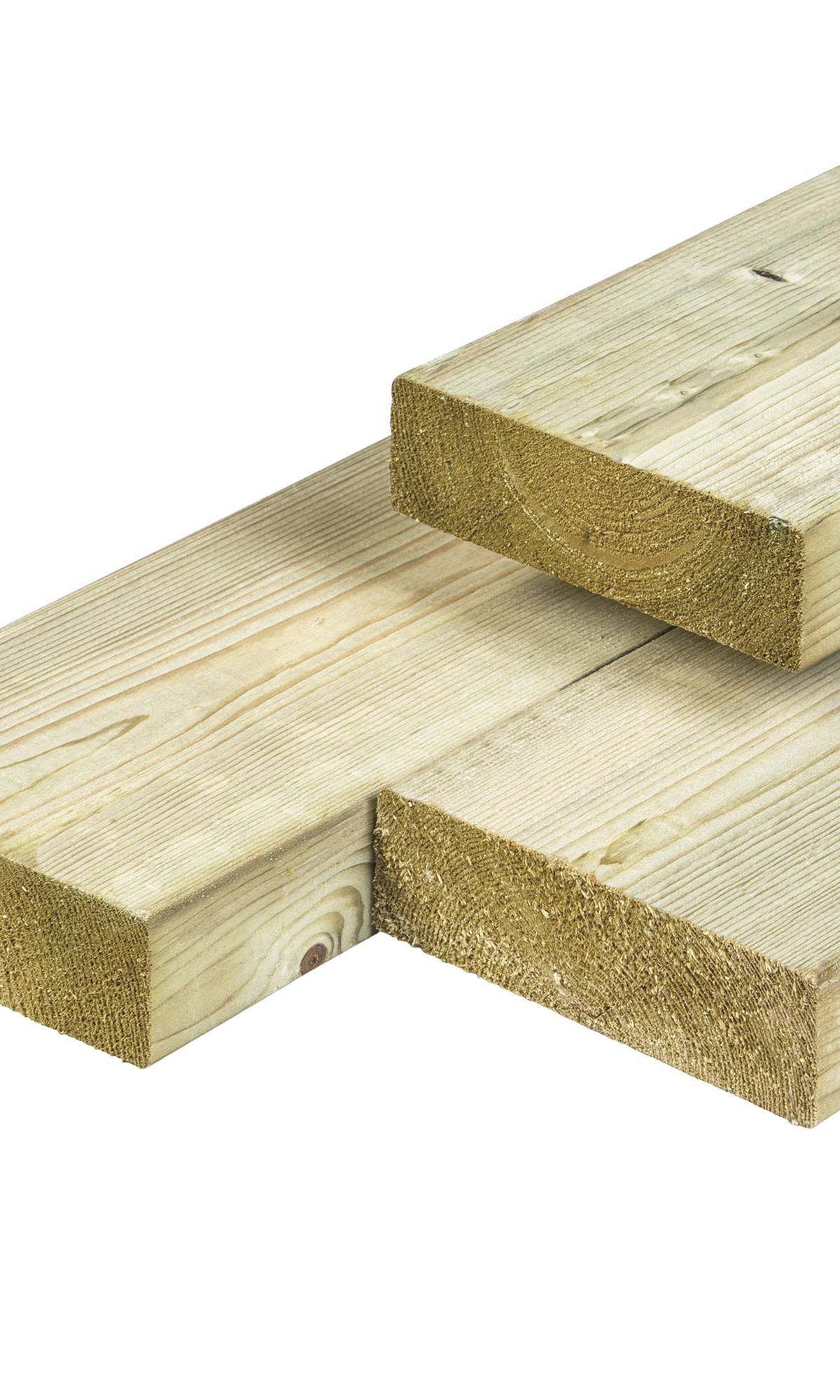 NE vuren ligger 4,5 x 14,5 x 300 cm, gedroogd, groen geïmpregneerd, geschaafd, 4 ronde hoeken