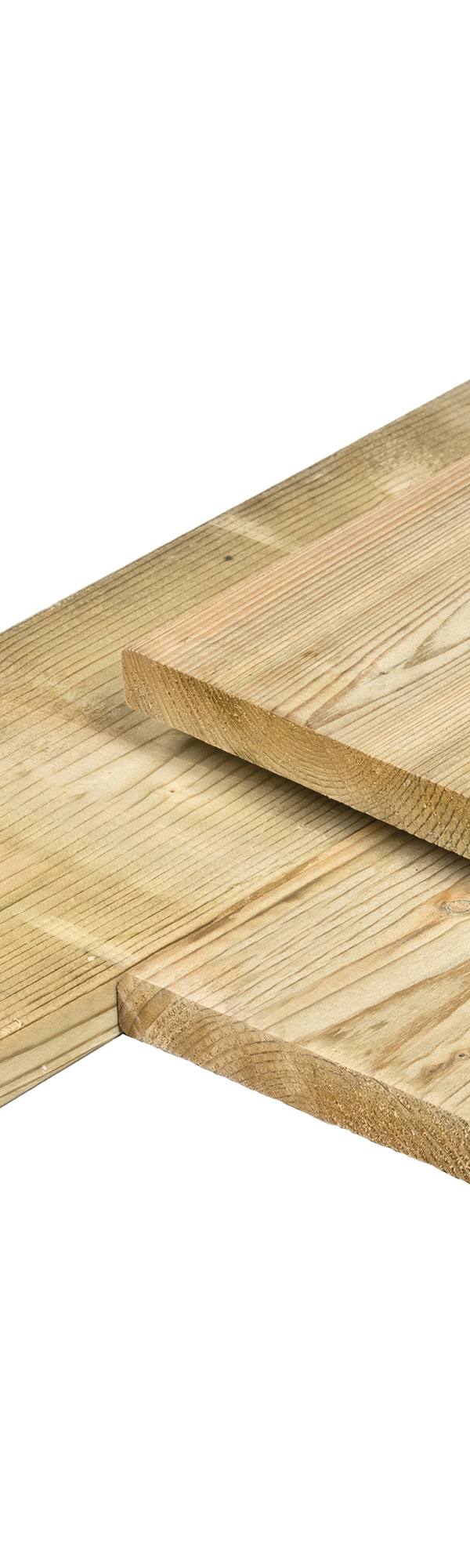 NE vuren plank 1,9 x 14,5 x 240 cm, vers, groen geïmpregneerd, geschaafd, 4 ronde hoeken