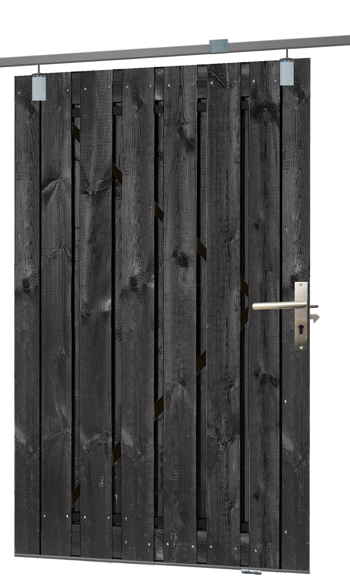 Tuindeur schuifsysteem grenen geïmpregneerd en zwart gespoten H195 x 130 cm