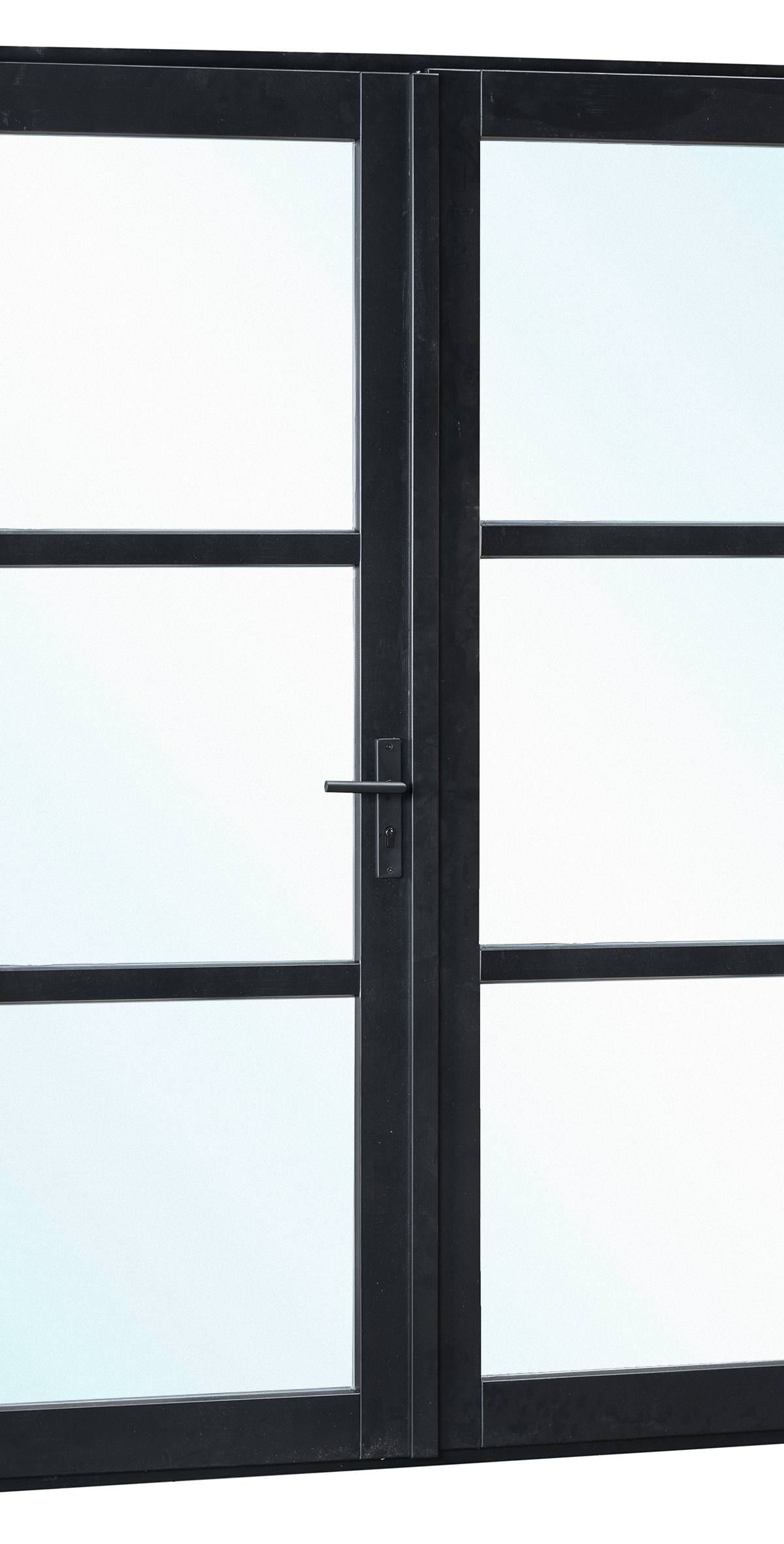 Vuren steellook dubbele glas deur zwart gespoten B2050xH2120mm buitenmaat, linksdraaiend